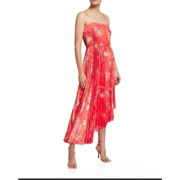 Milly Irene Tropical palm print Asymmetrical pleated accents dress 6 - Picture 8 of 12